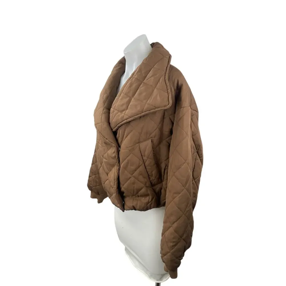 Blank NYC Women's Brown Tencel Quilted Puffer Cropped Bomber Coat Jacket Size XS